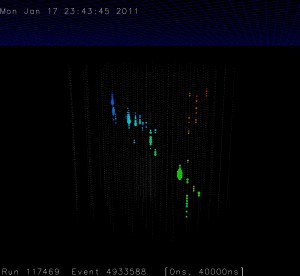 An upgoing event from the completed 86 string detector. Image from http://icecube.wisc.edu/gallery/view/187